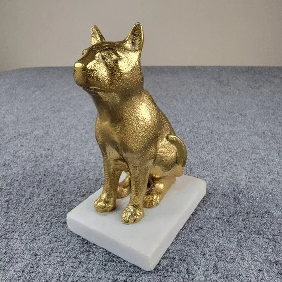 Vintage 6" Gold Textured Cat Figurine Statue on White Marble Base Bookend Decor - Picture 9 of 16